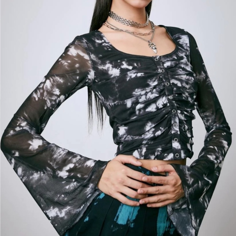Dolls Kill Current Mood Mesh Tie Dye Flare Sleeve Top
